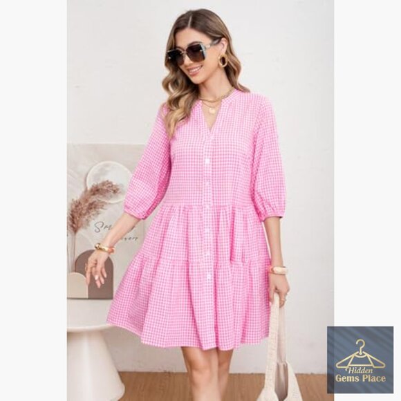 Plaid Shirt Dress with Puff Sleeves, Pockets, Midi Length, Casual Fit - Picture 5 of 7